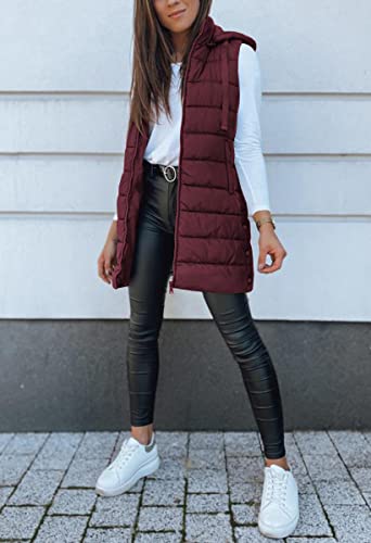 Veatzaer Women Long Vest Solid Color Sleeveless Hood Winter Puffer Vest Outwear #TOP5