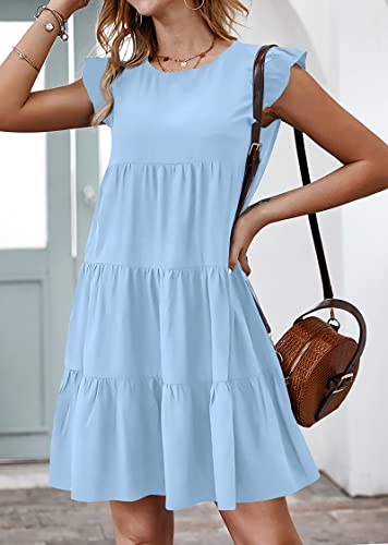 Image of KIRUNDO Summer Dresses for Women Sundress Sleeveless Ruffle Sleeve Round Neck Loose Short Flowy Pleated Mini Babydoll Dress