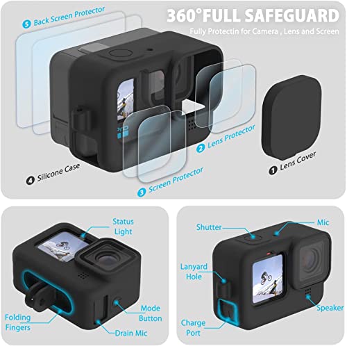 Fitstill Silicone Sleeve Case For Go Pro Hero 11 /Hero 10 /Hero 9 Black, Battery Side Cover & Screen Protectors & Lens Caps & Lanyard For Go Pro Hero 11 /10 / 9 Accessories Kit #TOP2