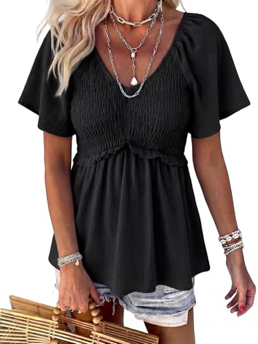 HEYTALALA Women's Summer Peplum Tops Ruffle Trim Short Sleeve Casual V Neck Smocked Blouses Dressy Shirt Black M
