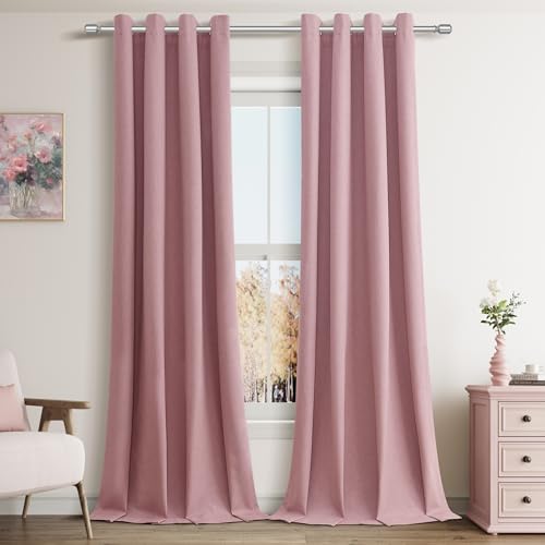 Jowels Blush Pink Linen Grommet Blackout Curtains 100 Inch Long for Bedroom