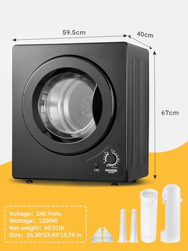 4KG Compact Vented Tumble Dryer, FOHERE Freestanding Table top Dryer with 5 Heat Settings, Stainless Steel Tub, Black, Crease Guard - Image 9