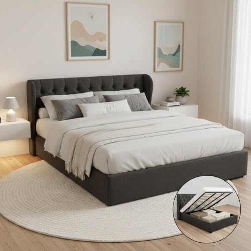 Artiss Queen Bed Frame Platform Wingback Headboard Frames Gas Lift Beds Base with Storage Space Bedroom Room Decor Home Furniture, Upholstered with Charcoal Faux Linen Fabric + Foam + Wood