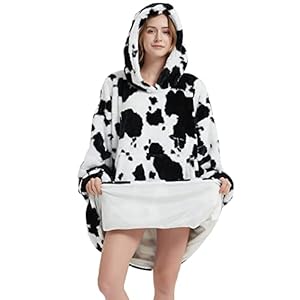 Blanket Hoodie, Oversized Wearable Blanket for Adult Women and Men Gifts, Super Cozy Warm and Soft Hooded Blanket Sweatshirt, Cow Print Faux Fur Blanket Sweatshirt with Large Pocket