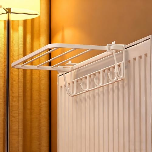 Adjustable Radiator Clothes Drying Rack with Hooks, No Drilling, Telescopic Arms for Windows, Railings & Radiators - Space-Saving Laundry Solution (Black, 45cm/17.8")