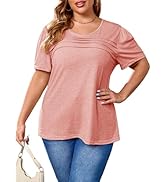 TAKEYAL Plus Size Tops for Women Puff Sleeve Pleated Front Shirts Casual Tunic Tops Crewneck Summ...