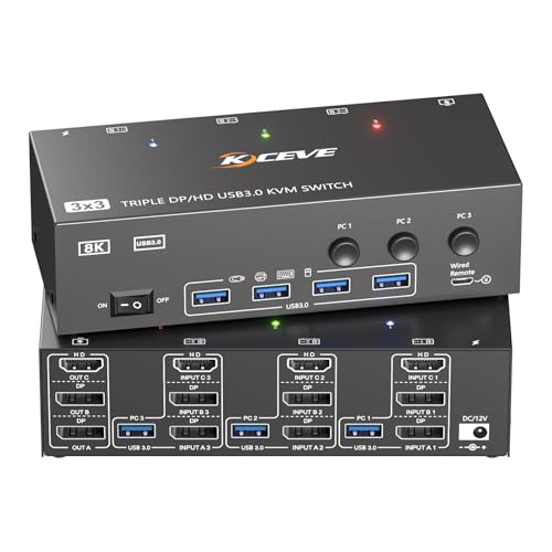 Image of HDMI Dispalyport KVM Switch 3 Monitors 3 Computers 8K@60Hz 4K@144Hz, USB3.0 KVM Switches Triple Monitor for 3 PC Share 3 Screens and 4 SUB3.0 Ports, Support Extended /Mirror Mode, with Wired Controller