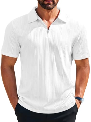 Runcati Mens Quarter Zip Polo Shirts Knit Textured Casual Short Sleeve Shirt Lightweight Golf Tops