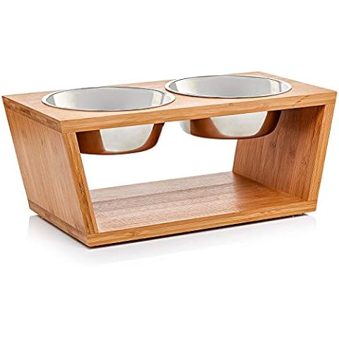 Migosset Futterstation - Erhöhter Futterspender für kleine, mittlere & größere Hunde - Futternapf-Halterung aus Bambus - Mit 4 Edelstahlnäpfen: 4X 1650 ml- 18 x 44,5 x 23 cm - Mittelgroß Cover