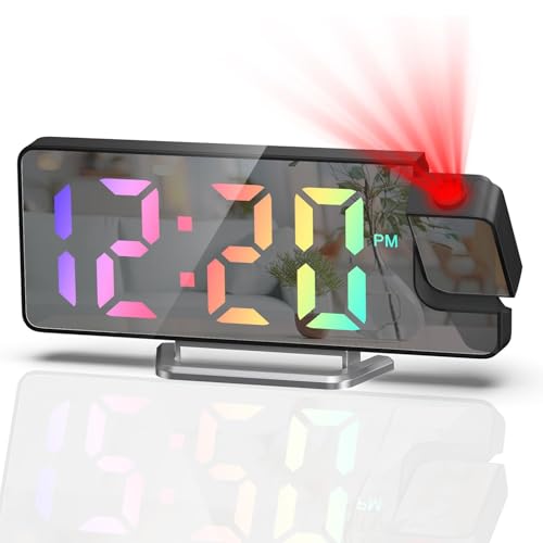 Image of Maoskax Projection Alarm Clocks for Bedroom LED Digital Clock Colorful Digit 180° Rotatable Projector Snooze Date Temperature 12/24H 3-Level Brightness for Home Office (Adapter Not Included)