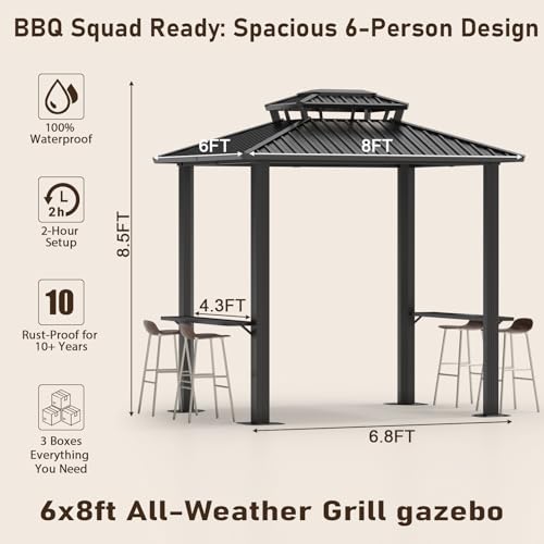 Image of Hoteel 6x8ft Grill Gazebo Hardtop with 2 Side Shelves, Outdoor BBQ Gazebo with Galvanized Steel Double Roof for Patio Backyard Garden,Black