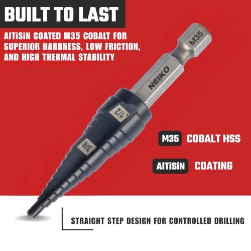 Image of NEIKO 10616B Step Drill Bit, 2 Steps 3 /8 inch to 1 /2 inch Straight M35 Cobalt, AlTiSiN Coated, 1 /4 inch Quick Change Step Bits for Steel, Metal, Wood, Plastic, Unibit Cone Drill Bits, Two Flute