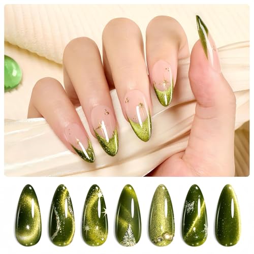 Image of Beetles Green Cat Eye Gel Nail Polish - 15ML Olive Green Cat Eye Glitter Magnetic Gel Polish Soak Off Uv Nail Art Manicure Gifts for Women