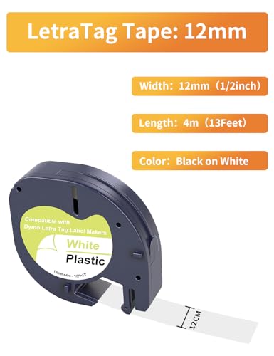 D&C 3x 91221 Etikettenband Kompatibel mit Dymo Letratag Etikettenband 12mm x 4m,Schwarz auf Weiß, Kunststoff, für Dymo Letratag IT-100H LT-100T 200B XR XM