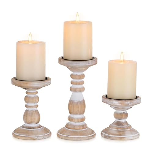Inweder Wood Pillar Candle Holder: 3Pcs Rustic White Candle Holders