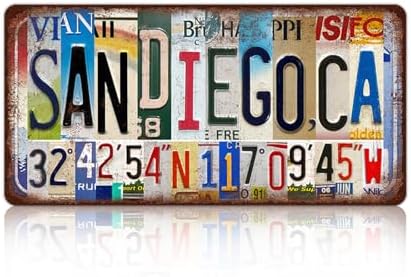 Vintage City License Plate San Diego,Ca Wall Decor Metal Tin Sign for Bar Home Bedroom 12 x 6 Inches （Including latitude and longitude）
