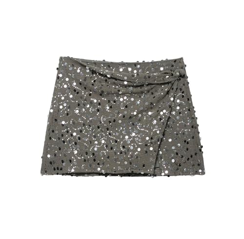 Women's Elegant Crossover Front Sequin Mini Skirt with Twist Detail and Side Slit, Hidden Side Zip Closure