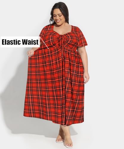 Image of CARCOS Plus Size Dresses for Curvy Women Tie Sweetheart Neck Summer Maxi Dress Short Sleeve Empire Waist Floral Boho Dress