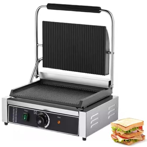 YAVTNUIO Sandwichera Eléctrica Panini Press, Tostadora Comercial para Sándwiches con Caja Colectora De Aceite Extraíble, 50-300℃ Temperatura Ajustable, para Hamburguesas Bistecs Bacons