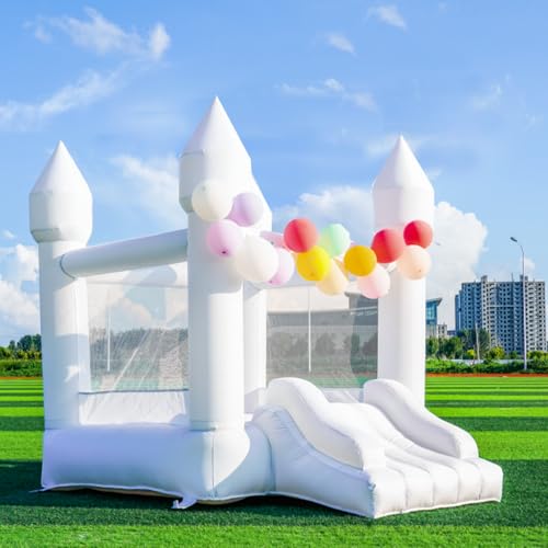 White Bounce House, Inflatable Bounce House with Slide, Inflatable Bounce Castle with Air Blower for Wedding Party Kids Birthday Party, Durable Oxford Cloth