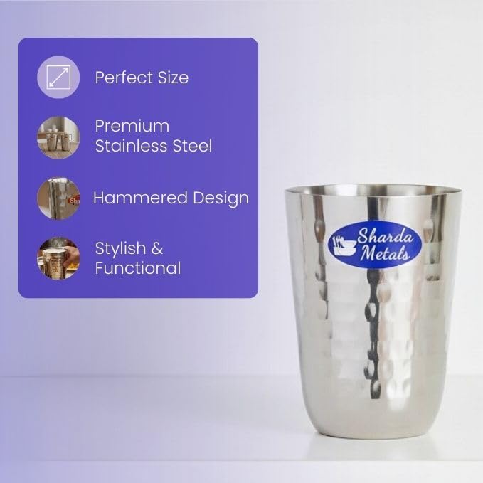 Image of Sharda Metals Stainless Steel Hammered Glass Set of 2 for Water, Juice, Soft Drinks, Lassi, Chaass & Beverages, Mathar Tumbler, Food Grade Serving Glasses - 300 ml Each