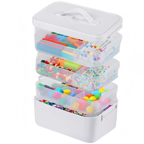 4-Layer Craft Organizers and Storage with Removable Trays, Craft Organizer with lids and Handle, Arts and Crafts Storage, Art Organizer, Crafts Organization, for crayons, Sewing, Tool, Playdoh，White