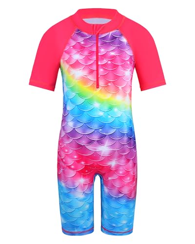 Image of TFJH E Short Sleeve Girls Swimsuits UV 50+ One Pieces Zipper 2-14Y | From beach vacations and pool parties to cruises and water parks, this colorful floral swimsuit is her summer favorite