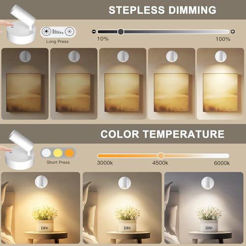Image of Kimjo Spot Lights Indoor, Wireless LED Spotlight, Uplighting Indoor with Remote and Dimmable, Accent Lighting for Plants, Picture, Battery Operated Wall Light (White 4 Pack)