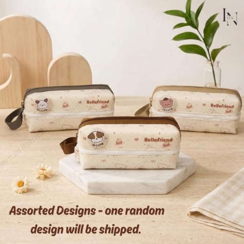 Image of Large Capacity Pencil Pouch Aesthetic Pencil Bag Multiple Compartments Girl Cute Stationery School College Pouch Travel Pouch for Girls Kids School Accessories (Beige Hello Friend)