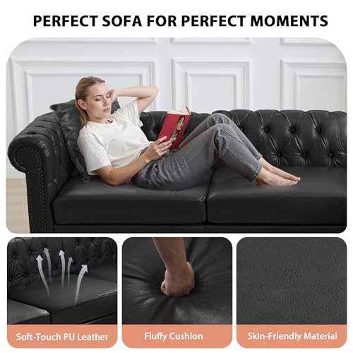 Image of LEVNARY 98 inch x 98 inch L-Shaped Chesterfield Sectional Couch, 5-Seat PU Leather Couch with Rolled Arms, Mid-Century Modern Tufted Corner Sofa for Living Room Bedroom Office (Black)