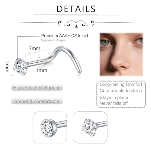 D.Bella Nose Rings 10Pcs 18G Nose Screw Rings Studs Surgical Steel Piercing Jewelry 2mm Clear CZ Silver2