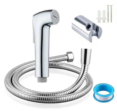 Image of BATH GURU ABS Premium Bathroom Bidet Sprayer Gun, Health Faucet Set for Toilet, with 1.2 Mtr Heavy Stainless Steel Shower Tube Hose and Wall Hook, Chrome Finish