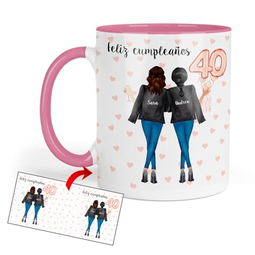 Imagen de Kembilove® Taza Amigas Personalizada 40 Cumpleaños Regalo Original con Nombres y Edad Cerámica 330ml Feliz Cumpleaños para Mujeres Especiales Diseño de Caricatura