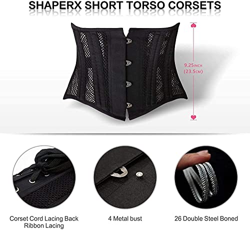 SHAPERX Women's 26 Steel Boned Corset Heavy Duty Waist Trainer Corset Shaper Breathable Mesh Slimming Trimmer Cincher,SZ1997-2-Black-L