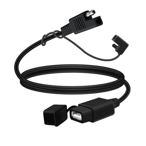 YINGAYOU SAE USB Charger Cable SAE 2 Pin to USB Adapter 18AWG 5V 2.1 A with Waterproof Cap for Motorcycles, Electric Vehicles, Cars (Black, 0.5 m/1.6 ft)