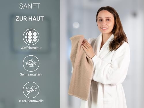 ZOLLNER 10er Set Gästetücher in 30x50 cm - langlebige Handtücher in beige - mit praktischem Aufhänger - Zeitloses Waffelmuster - waschbar bis 95°C - Baumwolle - Hotelqualität