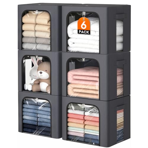Image of 6 Pack Clothes Storage Bins with Metal Frame,40L Storage Bags Fabric Box Organizer with Clear Window,Zippers,Sturdy Handles(6 Pcs,Light Grey,40L)
