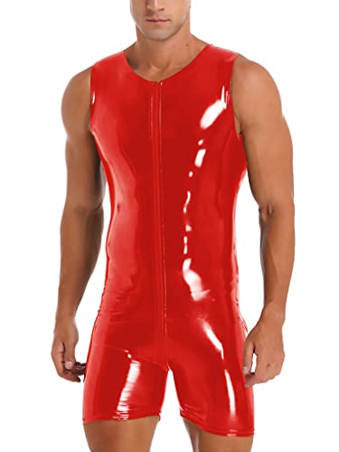 Mono de látex de charol para hombre con cremallera frontal y diseño bodycon para fiesta