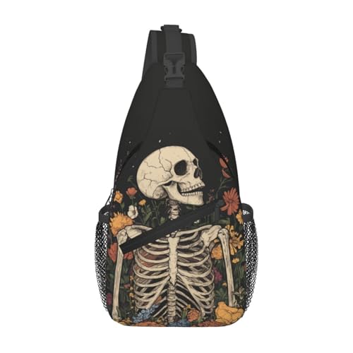 Image of SUPLUCHOM Sling Bag Skeleton Flower Skull Vintage Hiking Daypack Crossbody Shoulder Backpack Travel Chest Pack for Men Women