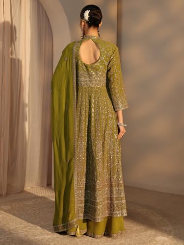 Image of Libas Art Embroidered Georgette Anarkali Kurta With Palazzos and Dupatta | ethnic wear | bridal suit | occasion wear