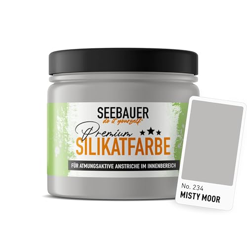SEEBAUER diy Silikatfarbe Hellgrau 300ml für Innen (No. 234 Misty Moor) Atmungsaktive Mineralfarbe für Allergiker - Abwaschbare Wandfarbe - Grautöne hohe Deckkraft