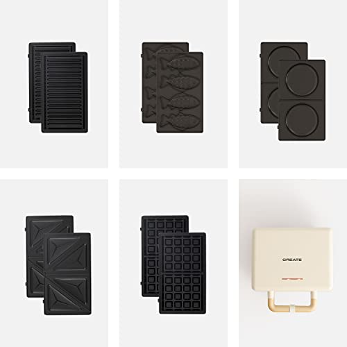 CREATE/STONE STUDIO/Sandwichera-Grill y gofrera doble blanco roto / 5 placas intercambiables: Grill, Gofre, Sandwich, Taiyaki y Tortitas, antiadherente, apertura 100º, autoapagado, retro, 800W