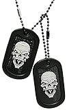 Texte aligné à gauche Graphotype™ Gothique Crâne Dog Tag Set - étiquettes pour Chien Noir avec Logo crâne gravé au Laser, Chaînes et Silencieux, personnalisée avec Votre Information.