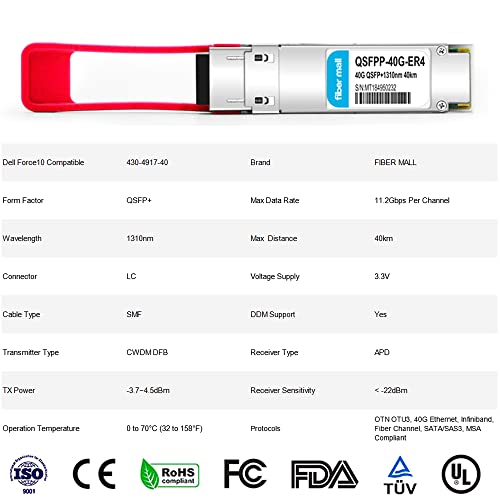 Image of 40G QSFP+ER4 for Dell Networking 430-4917-40,40GBASE-ER4 QSFP+ER4 1310nm 40km LC SMF Optical Transceiver Modul