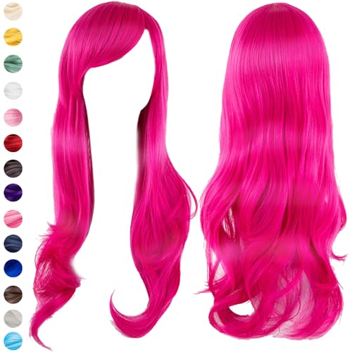 Pelucas Largas Onduladas para Mujer, 24 Pulgada/ 70cm Rosa roja Peluca Sintética de Onda Natural Larga, Flequillo Pelo Natural Largo Ondulada, para Cosplay Fiestas Carnaval Halloween Pascua