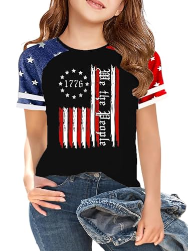 Image of CAZYCHILD Girls 4th of July USA Shirt American Flag Patriotic T-Shirt Independence Day Outfit for Kids 5-14Years