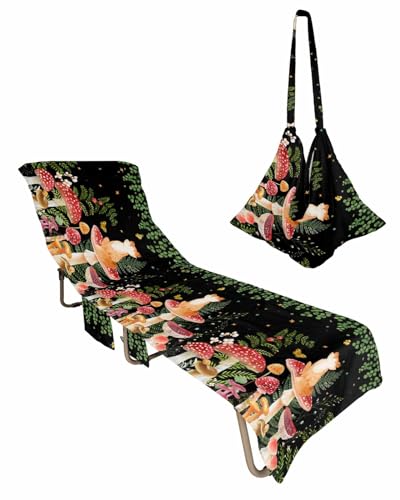 Mushroom Beach Lounge Chair Towel Cover, Soft Chaise Lounge Towel with Side Pockets Patio Pool Chairs Cover for Beach/Pool Sunbathing 29x85 Spring Summer Botanical Eucalyptus Leaves Black