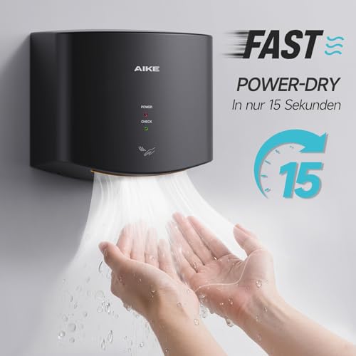 AIKE Air Wiper Kompakt Händetrockner, Hochgeschwindigkeit, 1400W 220V, Stecken & Loslegen, Papierlos & Berührungslos für Öffentliche Toiletten, AK2630S (Schwarz)
