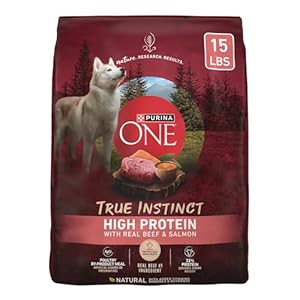Purina ONE Natural High Protein Dry Dog Food Dry True Instinct with Real Beef and Salmon With Bone Broth and Added Vitamins, Minerals and Nutrients – 15 lb. Bag