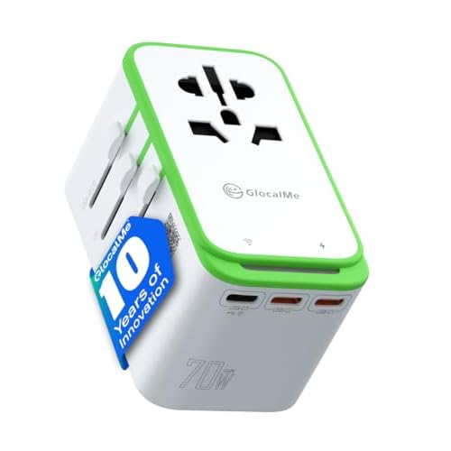 GlocalMe RoamPlug Universal Travel Adapter with 4G WiFi Mobile Hotspot and US 1GB Data, All-in-One International Power Plug Adapter, 4 USB Ports and Max 70W Output for EU UK AUS